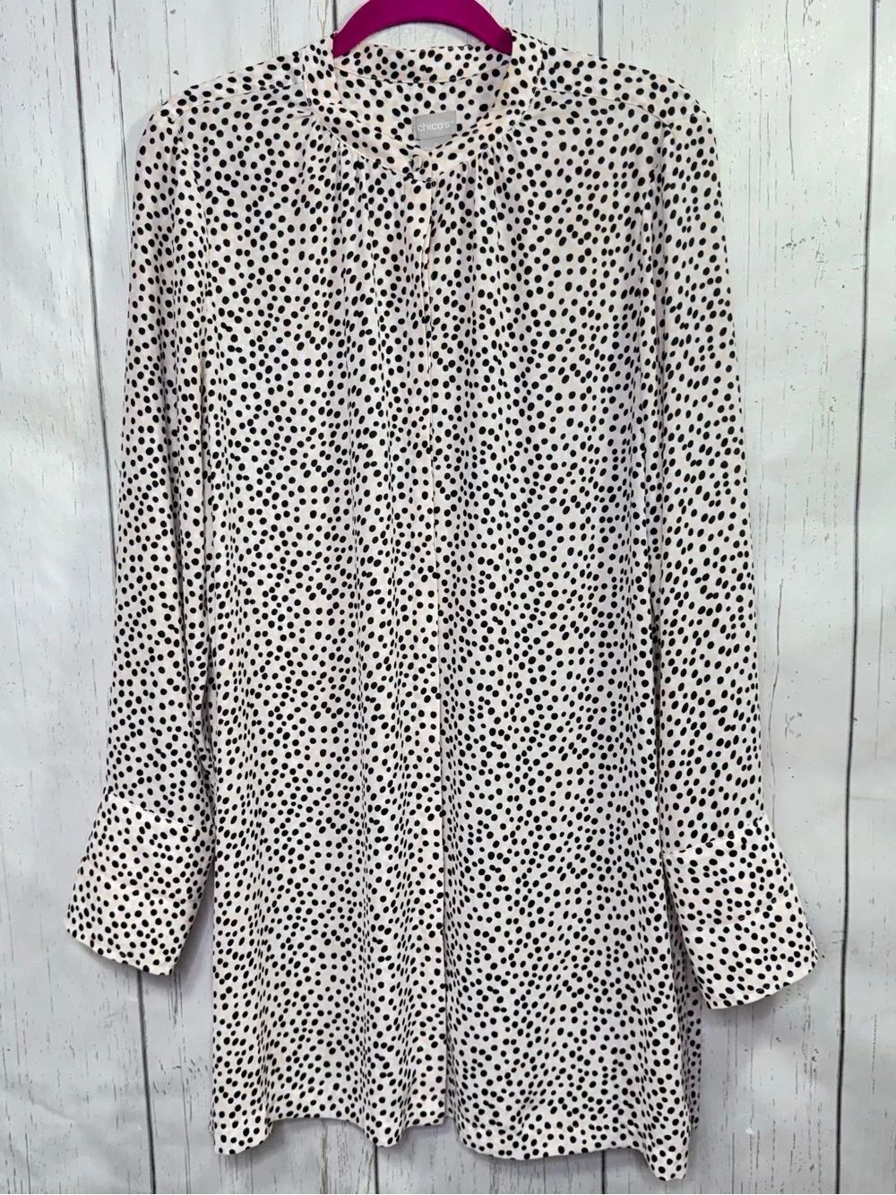 Chicos Polka Dot Button Front Tunic Blouse Size L Beige Black Career Top Classic